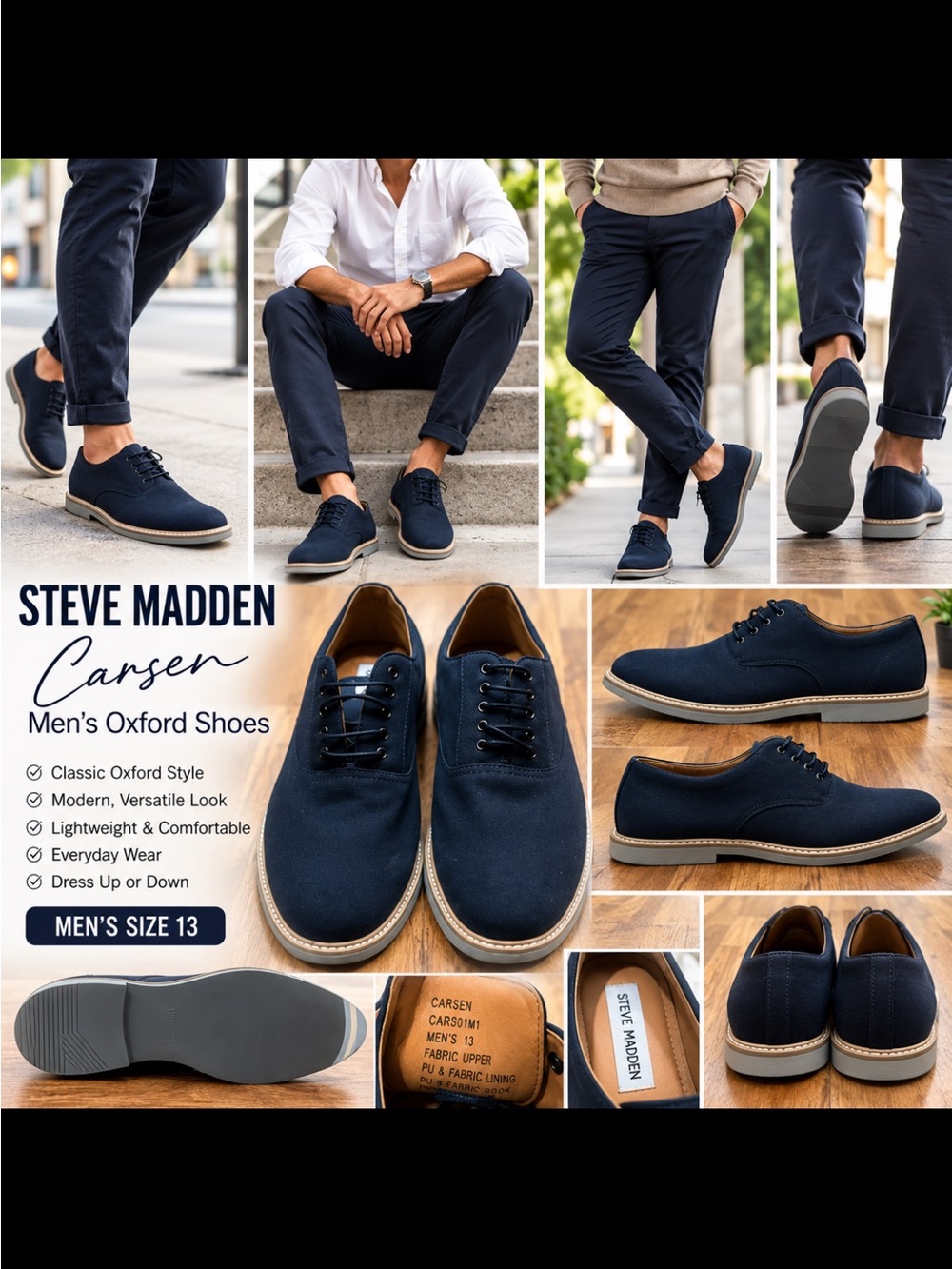 Steve Madden Black Canvas Derby Shoes with Tan Sole Men’s Size 13